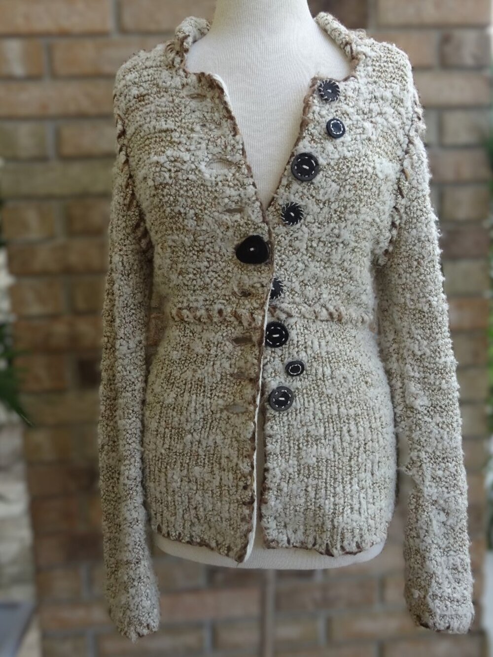 Curio Anthropologie Boucle Patchwork Sweater Jacket S Mismatched Buttons Boho